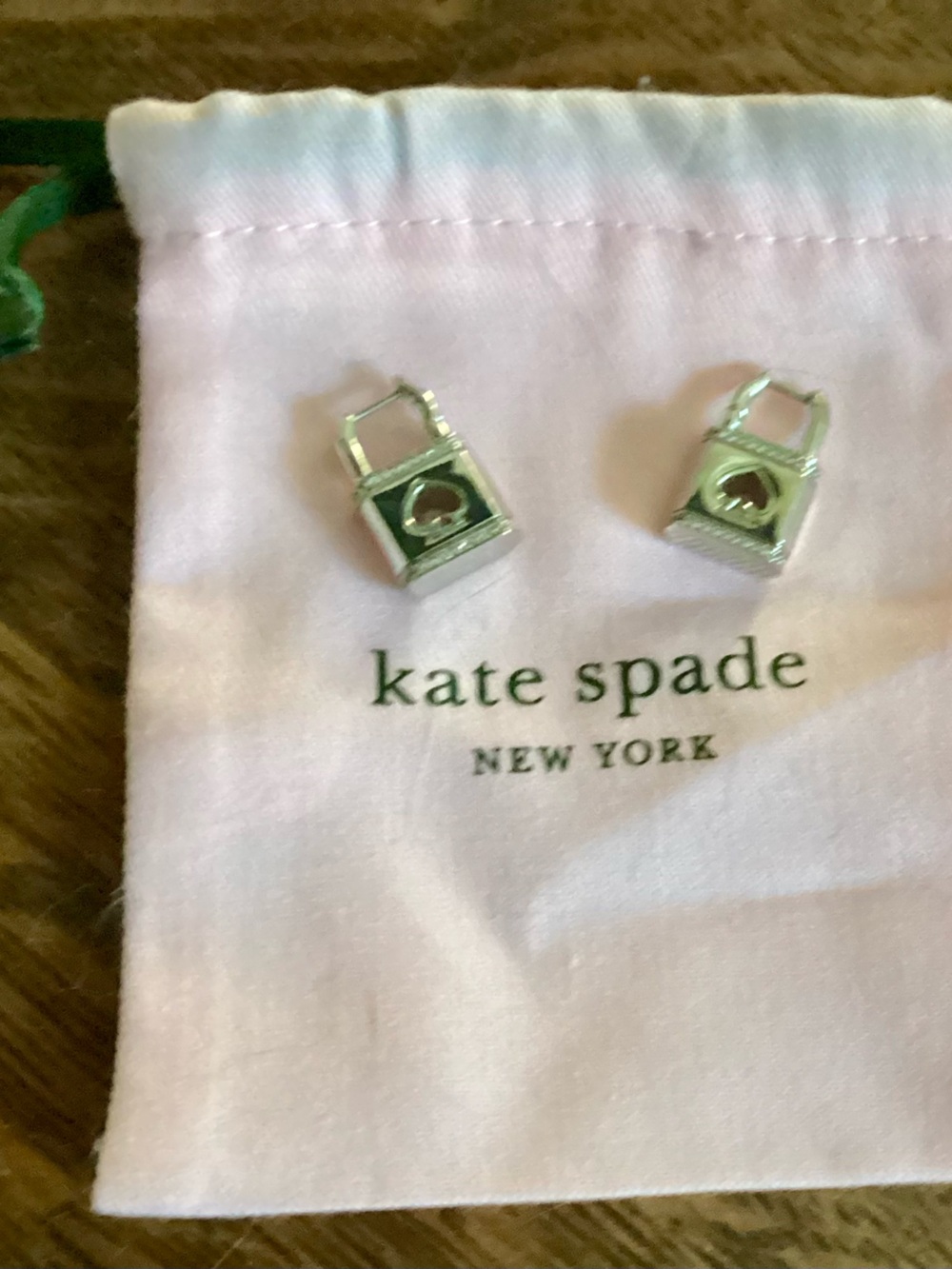 kate spade Silver Heart Lock Charm Stud Earrings with Pink Pouch